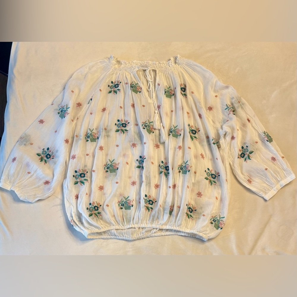 Star Mela Boho Floral Embroidered White Blouse, sz M